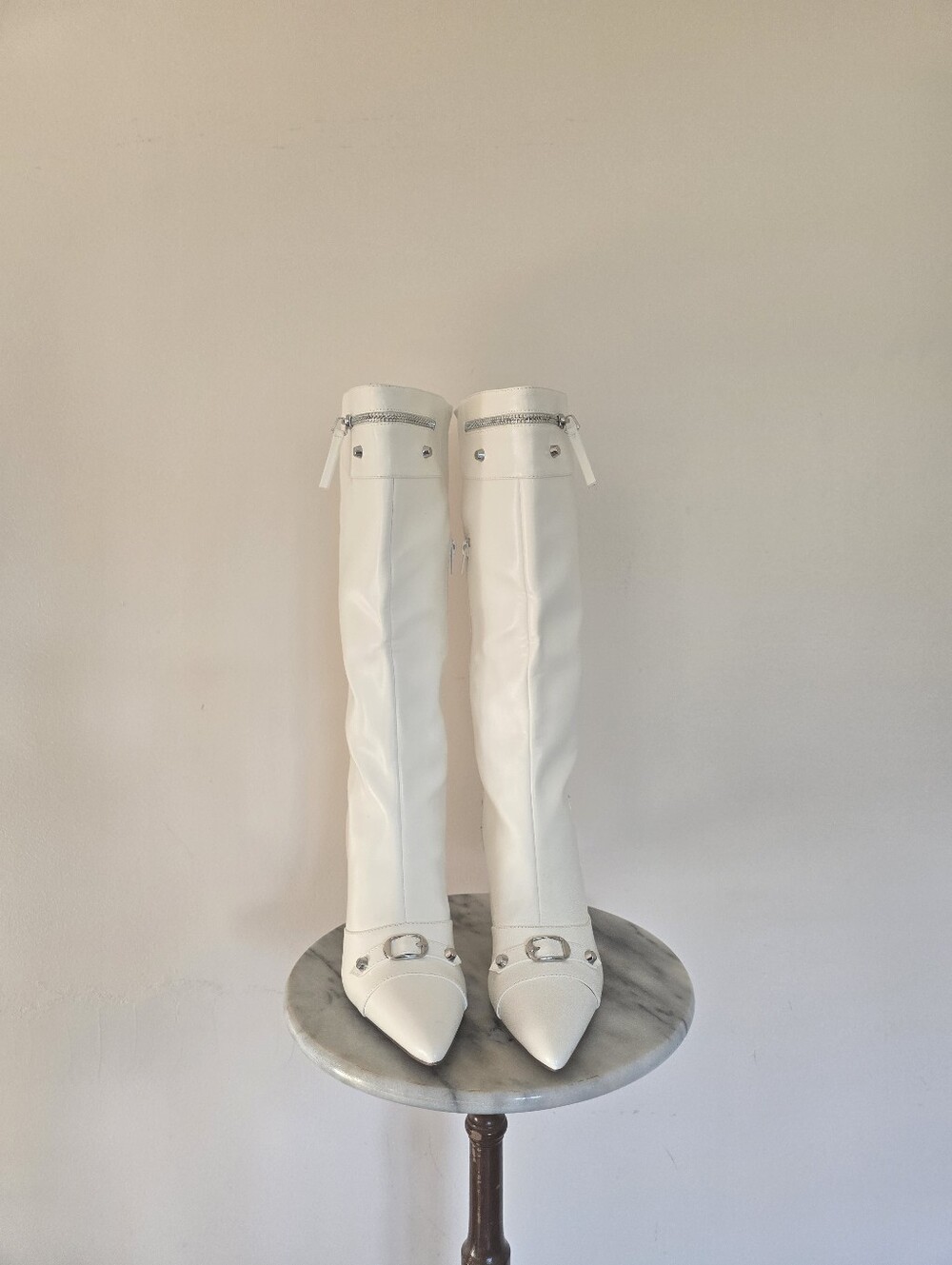 Shoe Dazzle White Pointed Knee-High Stiletto Boots with Buckle Trim